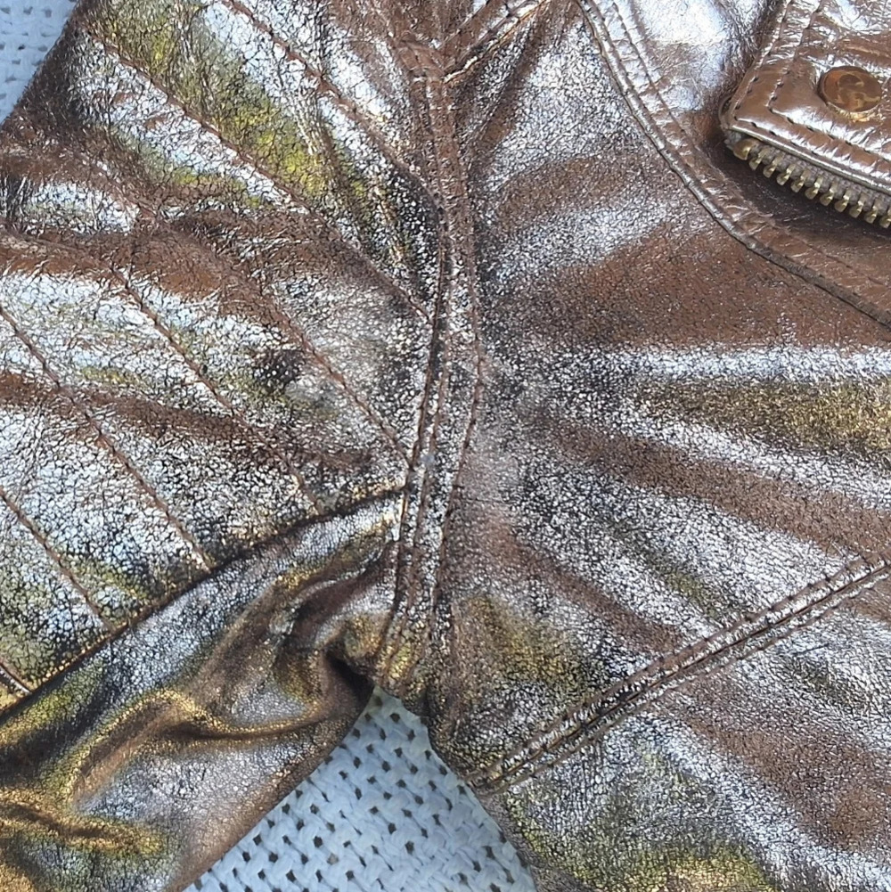 River Island Distressed Rose/ Gold leather bomber jacket S UK8 - Picture 11 of 16